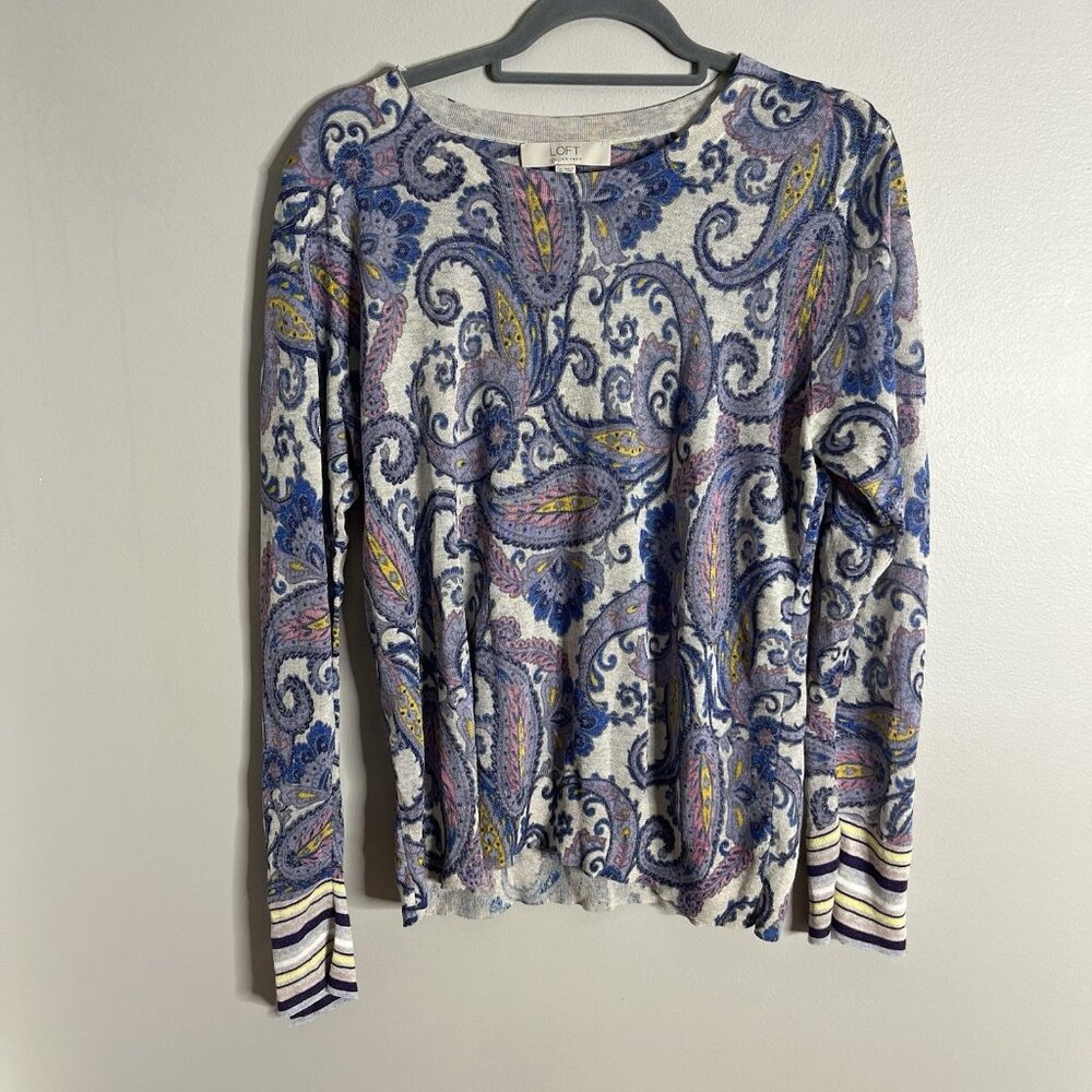 LOFT Size XL Italian Yarn Sweater Lightweight Paisley Purple Blue